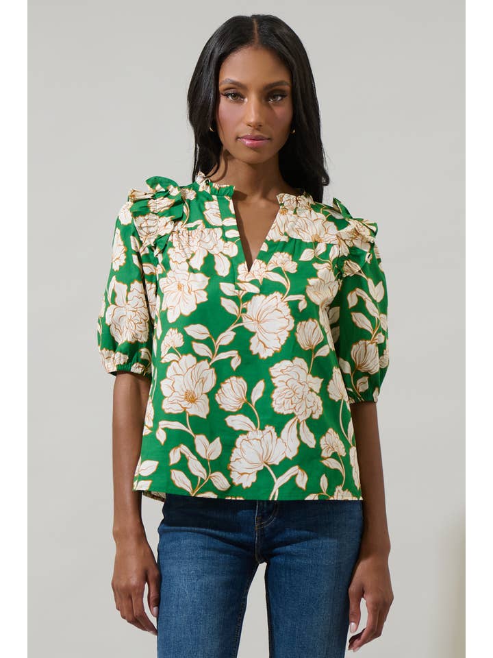 GREEN MULTI Lucena Floral Paz Poplin Short Sleeve Top for wholesale on Faire