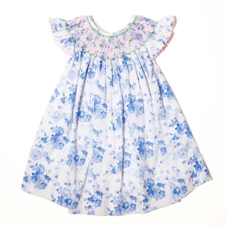 Girls Blue & White Floral Smocked Dress for wholesale by Boots & Bows Smocking Co