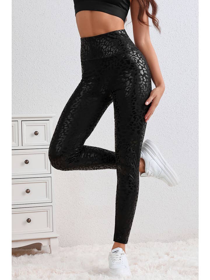 High Quality Black Shiny Leopard Textured Leggings for wholesale on Faire