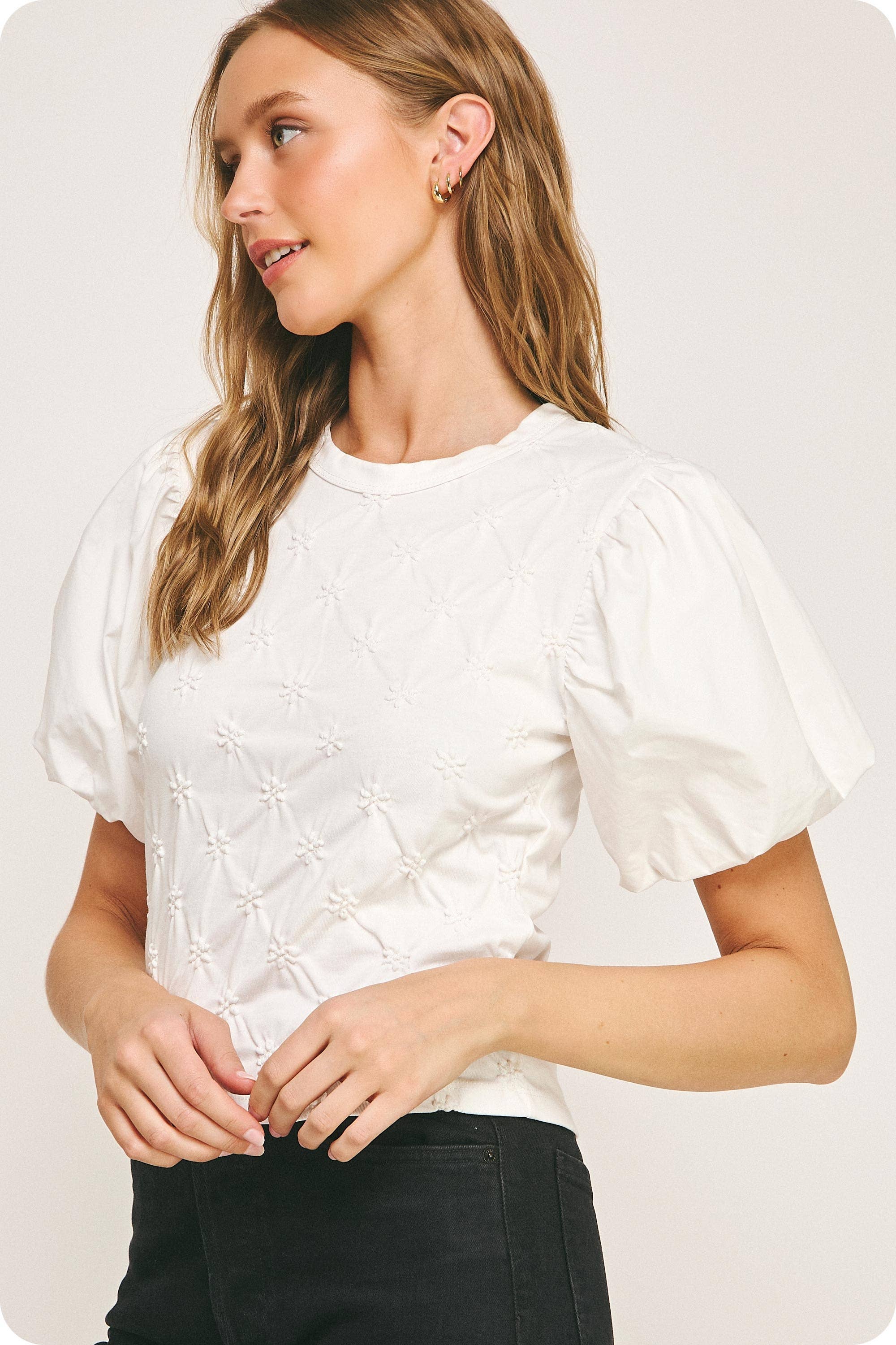 Strut & Bolt - Wholesale Blouse - Women's - Flower Embossed Puff Sleeve Tee Top18