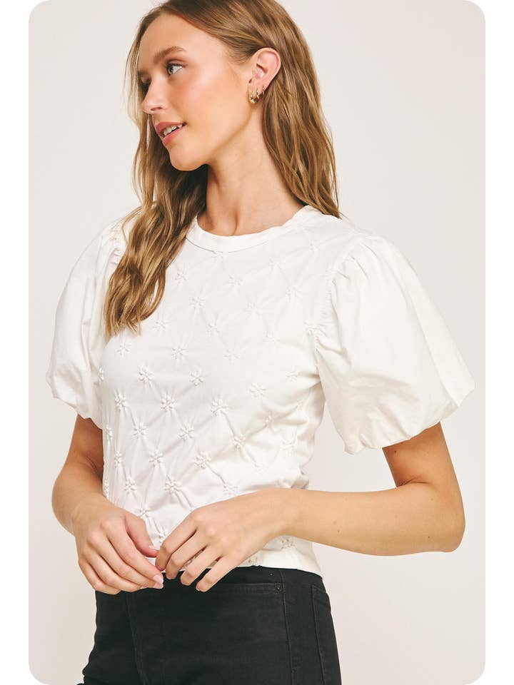 Strut & Bolt - Wholesale Blouse - Women's - Flower Embossed Puff Sleeve Tee Top18