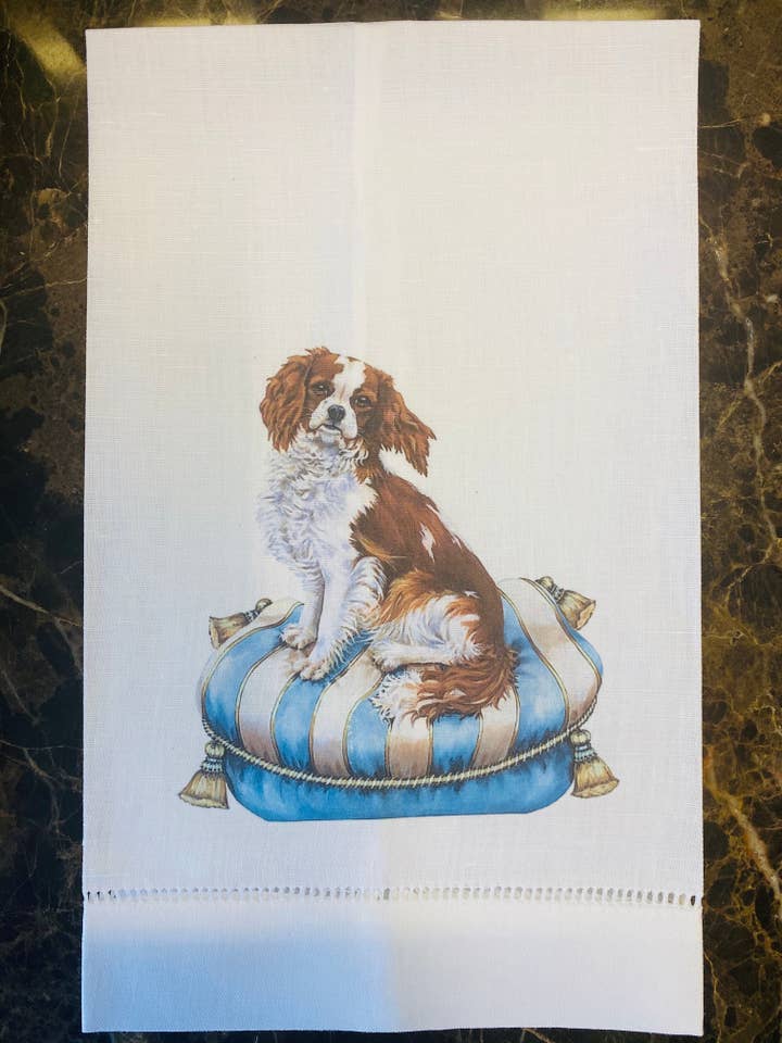 King Charles Cavalier Linen Guest Towel,hemstitch linen for wholesale by The French Bee & Co
