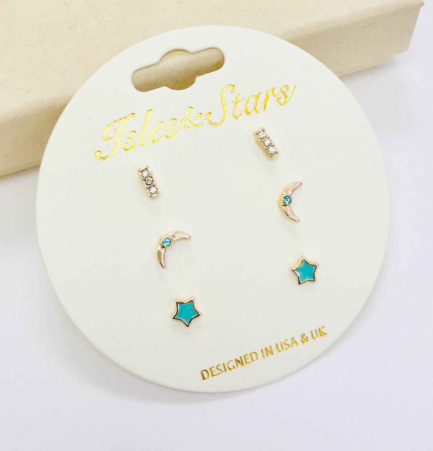 StarryNYC – wholesale Jewellery set – 3 Pairs Stud Earrings Stone/Moon/Star in a card3