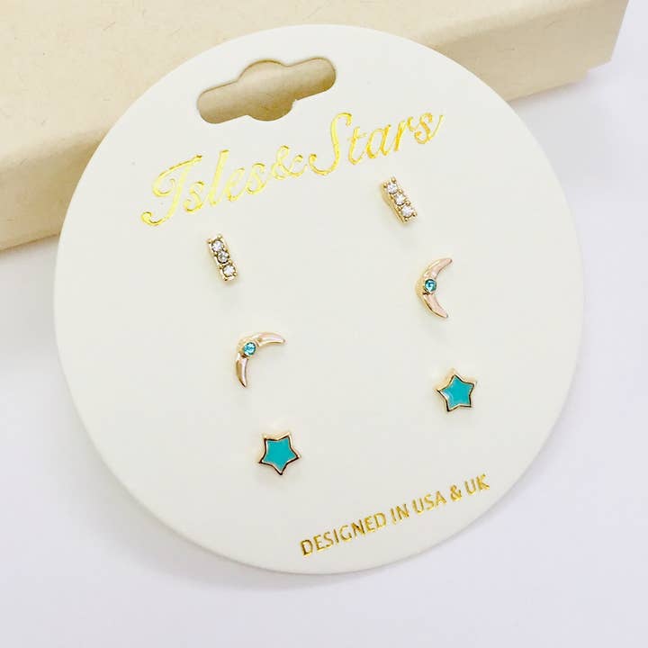 StarryNYC – wholesale Jewellery set – 3 Pairs Stud Earrings Stone/Moon/Star in a card3