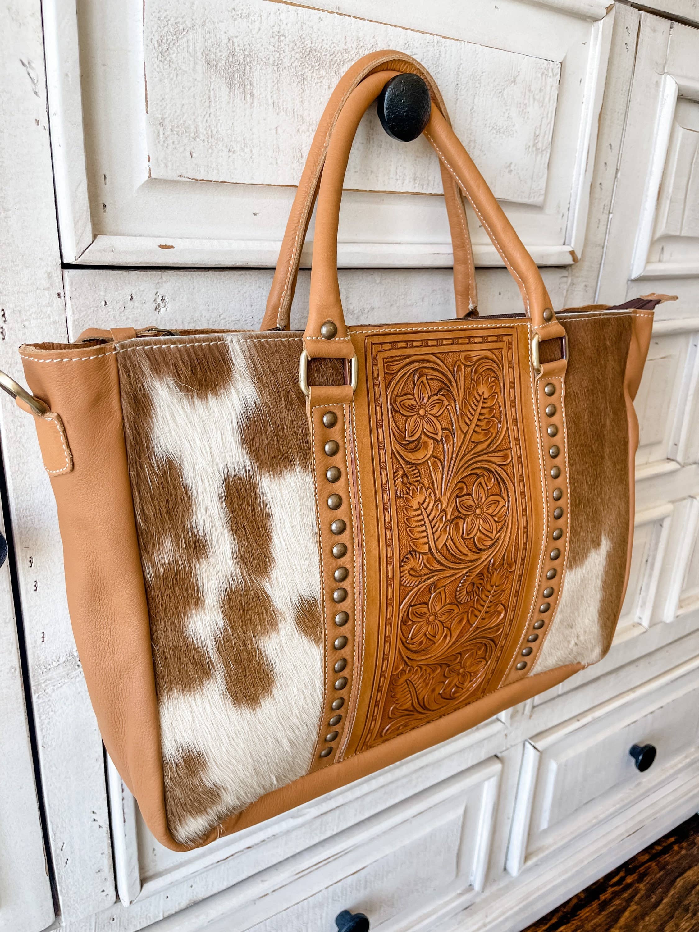 Boho Ranch Shop - Wholesale Tote Bag - Women's - Hand Tooled Leather Cowhide Western Purse Tote Work Bag6