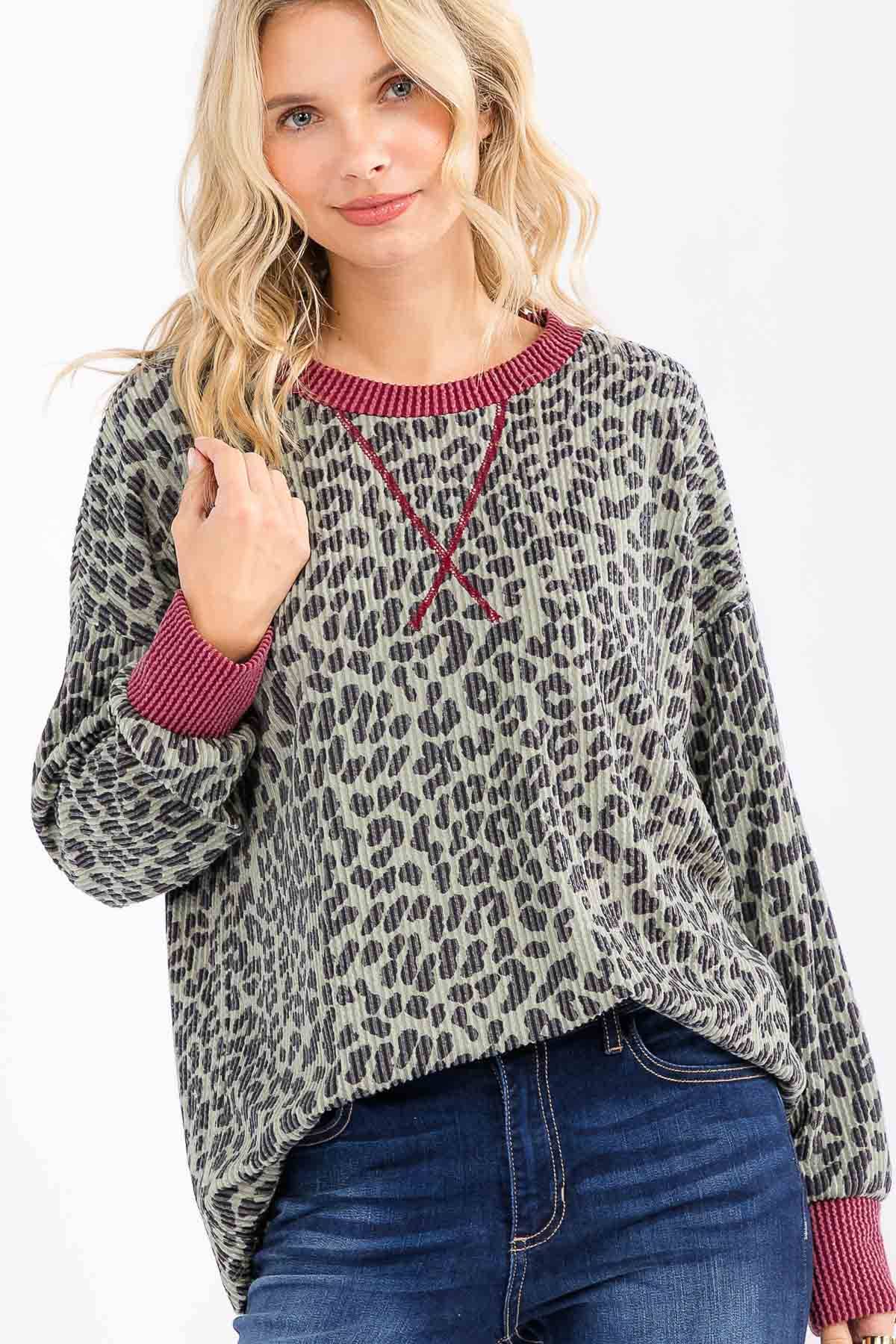 7th Ray - Wholesale Knit Top - Women's - Rib Animal Print Drop Shoulder V Seam Long Sleeve Top T581710
