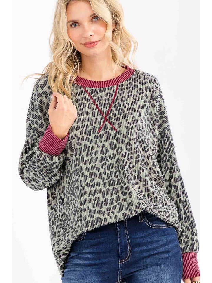 7th Ray - Wholesale Knit Top - Women's - Rib Animal Print Drop Shoulder V Seam Long Sleeve Top T581710