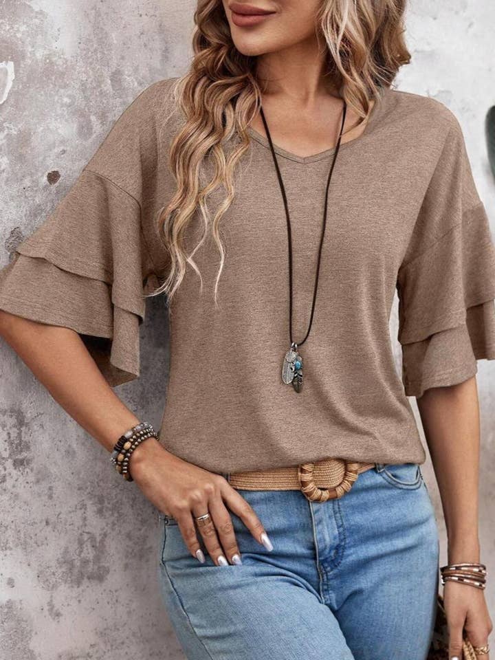 Rosa Clothing - Wholesale Blouse - Women's - Summer V-Neck Ruffle Sleeve Loose Short-Sleeved T-Shirt