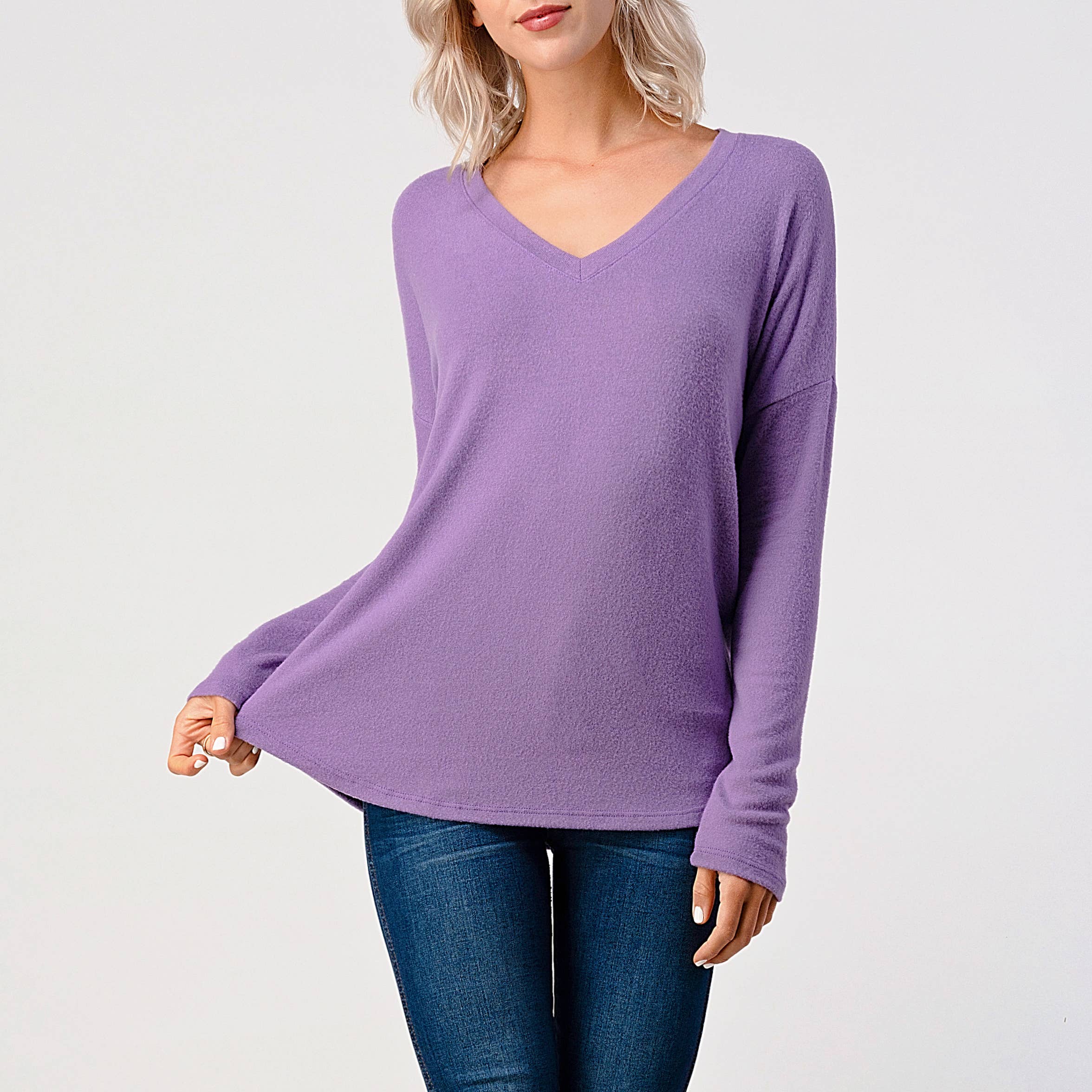 Heimious - Wholesale Knit Top - Women's - Long Sleeve V-neck Brushed Knit Top, 273847