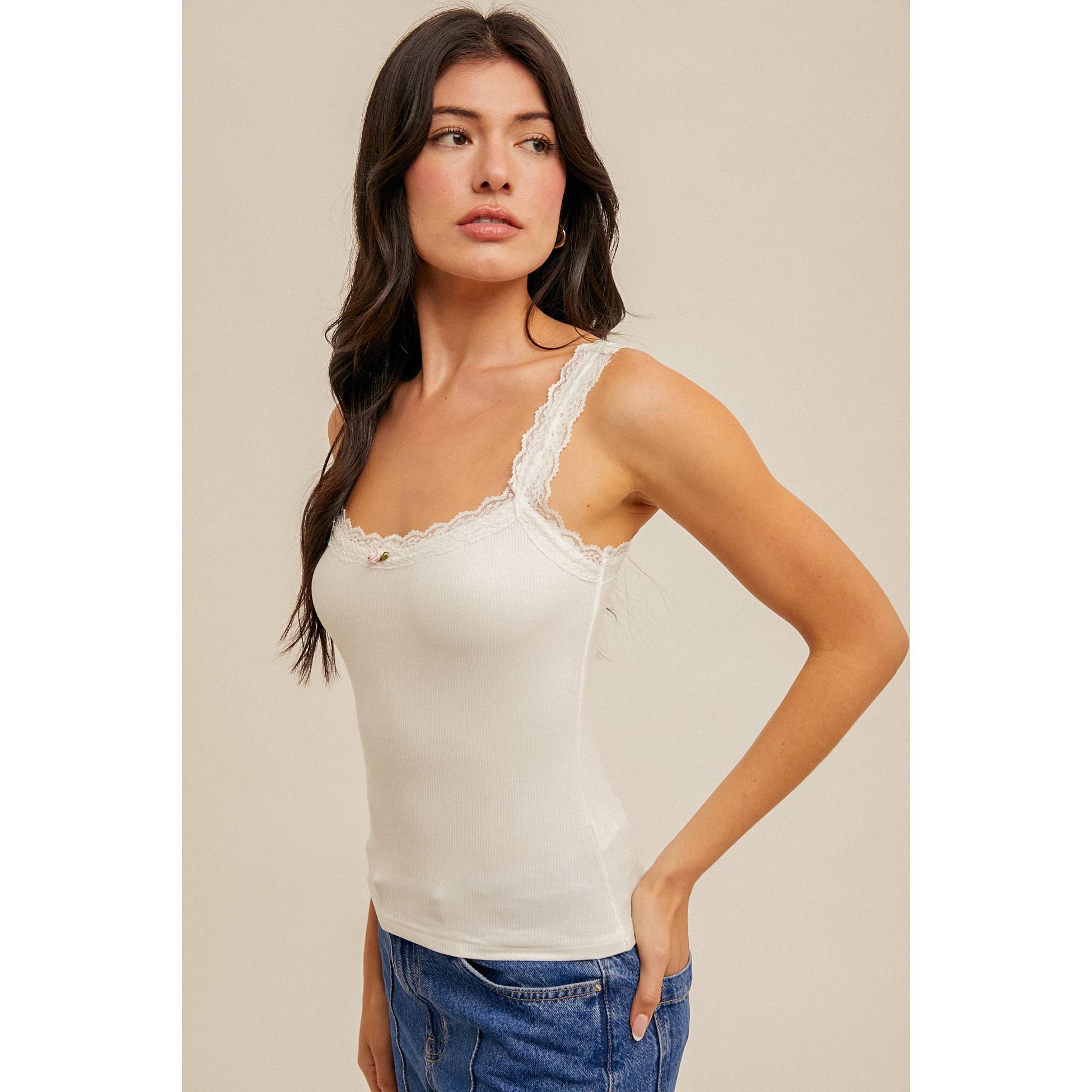 WHITE Feminine Lace and Floral Trim Knit Tank Top for wholesale on Faire3
