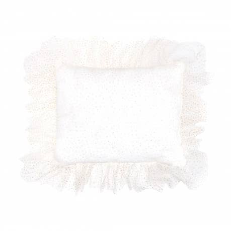 White rectangular cushion with ruffles/gold glitter tulle for wholesale by Mouche Paris