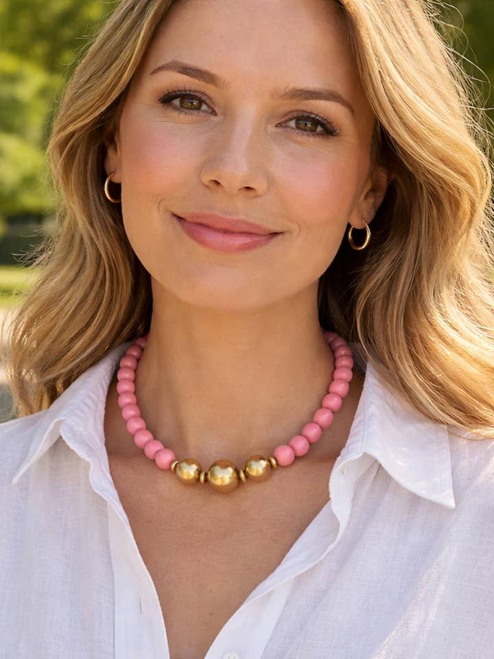 Multiple color wooden beaded statement necklace lightweight for wholesale by April Mae Designs