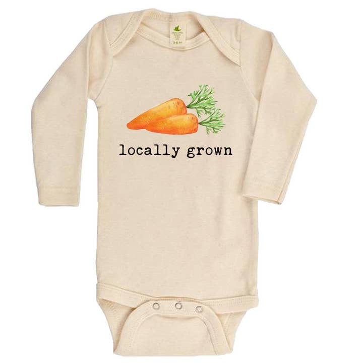 "Locally Grown" Carrot Long Sleeve Organic Bodysuit for wholesale by House Of Luna