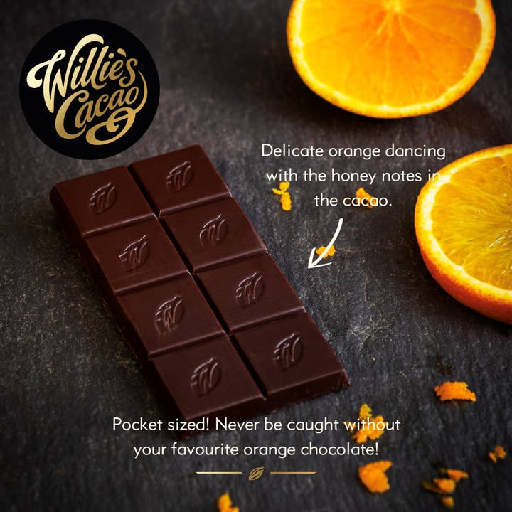 Willie's Cacao – wholesale Chocolate bar – Luscious Orange. Dark chocolate with orange. Vegan. 26g bar2