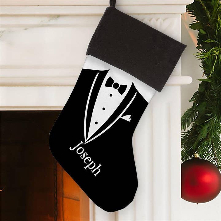 Personalized Groom Tuxedo Stocking with Grey Cuff for wholesale by Sunny Jar Personalized