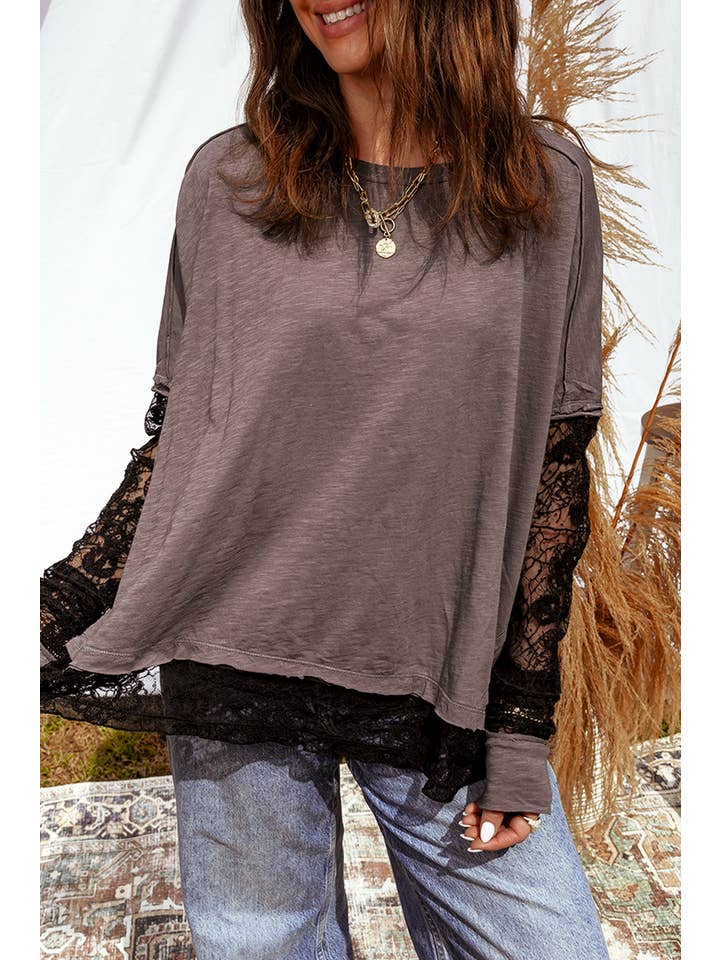 1 the Woman - Wholesale Dress - Women's - Sheer Lace Patchwork Casual Long Sleeve Tee