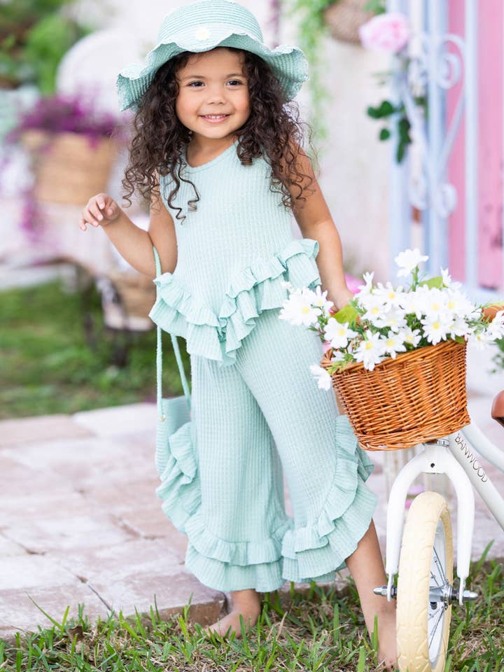 Mia Belle Girls • Wholesale - Wholesale Top & Pant Set - Kids - Pastel Ruffle Hem Top & Matching Palazzo Pant