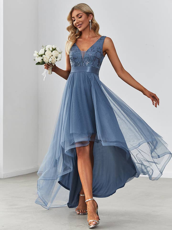 Ever-Pretty - Wholesale Gown - Women's - Sequin High-Low V Neck Tulle Dress
