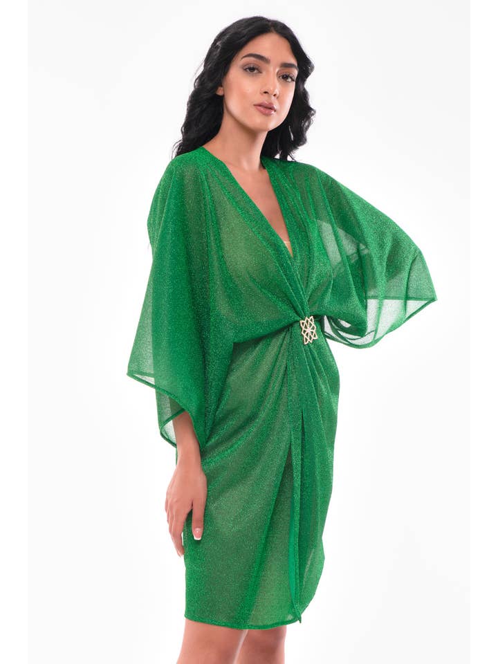 VIVARAH - Wholesale Kaftan - Women's - Green Glitter Kaftan with Rhinestone Brooch1
