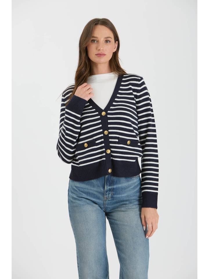 The Workshop Studio - Wholesale Cardigan - Women's - STRIPE V NECK GOLD BUTTON DOWN KNIT CARDIGAN