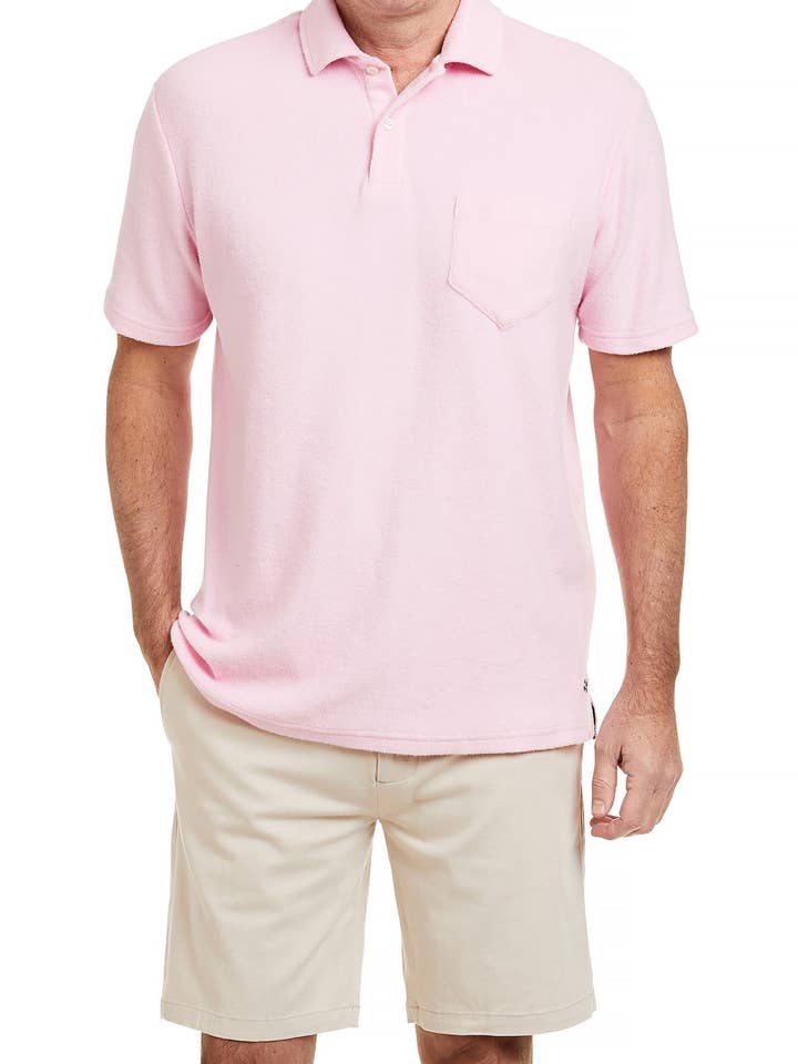 Polo in spugna rosa per la vendita all'ingrosso da parte di Castaway Clothing Nantucket Island