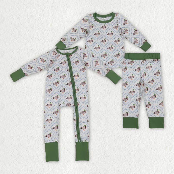 Sibling Baby Boys Long Sleeves Ducks Plaid Top Pant Set Zipper Rompers for wholesale by Aier Wholesale