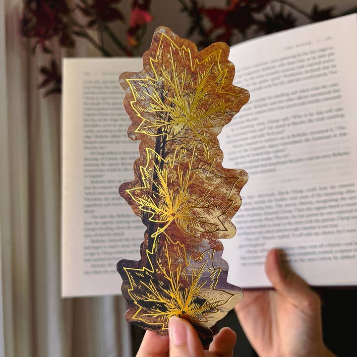 The Bookish Atelier - Wholesale Bookmark - Falling Leaves in Autumn Gold Foil Bookmark