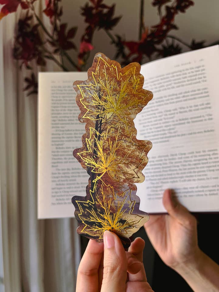 Falling Leaves in Autumn Gold Foil Bookmark for wholesale by The Bookish Atelier