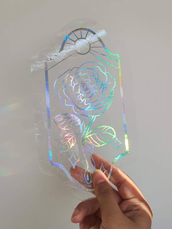 Holographic rose stained-glass window sun catcher for wholesale by Fizah Afzal