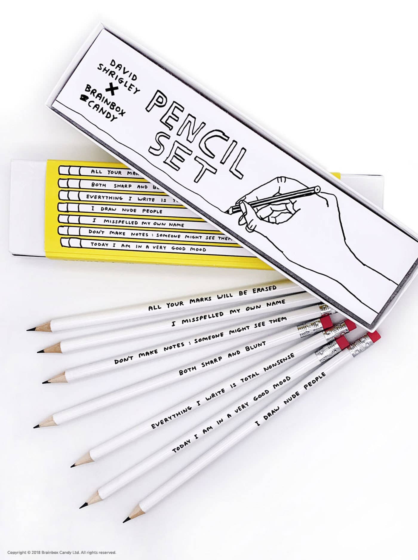 David Shrigley x Brainbox Candy – Großhandel Bleistift – Lustiges Geschenk - David Shrigley Stiftebox - 6 Designs (Set 1)6