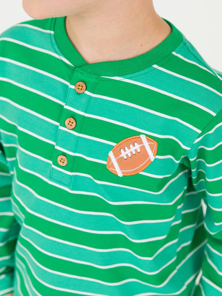 Boys Varsity Football Green Stripe Knit Long Sleeve Embroidered Henley Tee
for wholesale by RuffleButts + RuggedButts