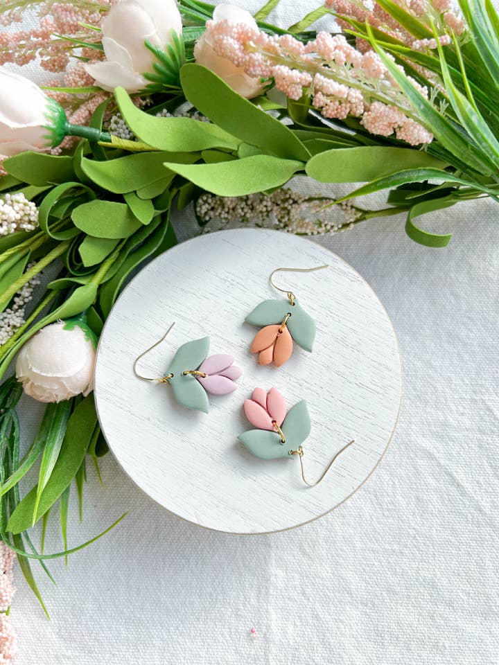 Soft Pastel Tulip Drop Leaf Polymer Clay Earrings for wholesale by Morning Dew Designs