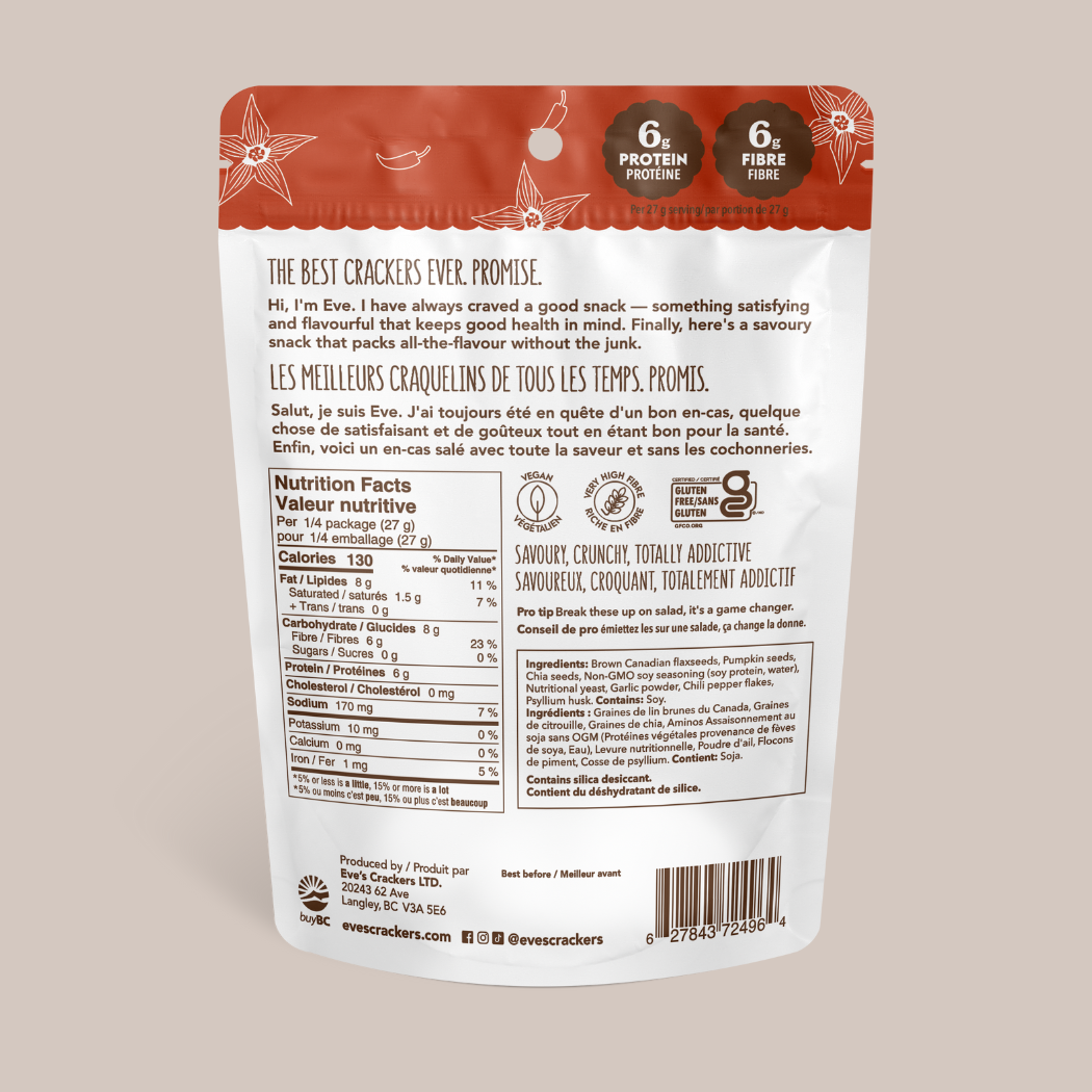 Eve's Crackers - Vente Biscuit salé - Craquelins aux graines de citrouille et de piment chili1