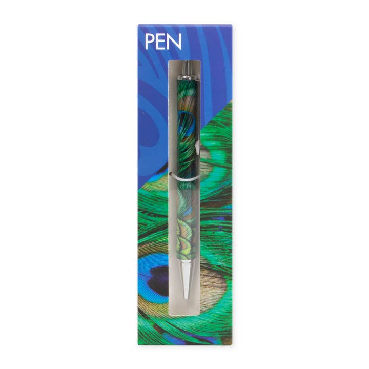 Ballpen in box, refillable, peacock feathers for wholesale by MUSEUM WEBSHOP