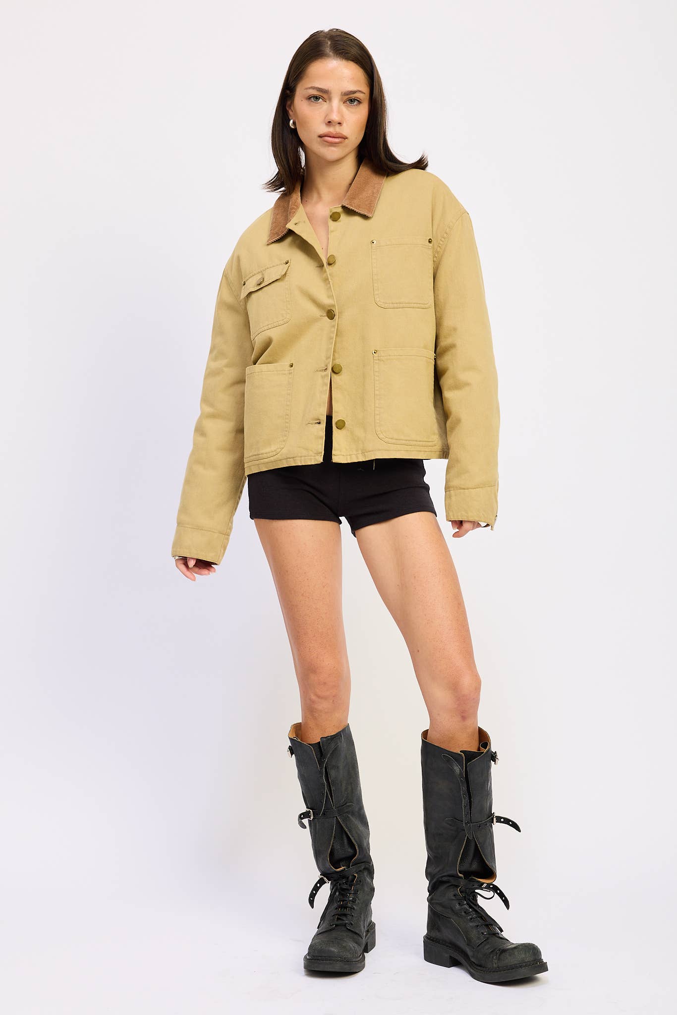 OLIVE KHAKI COMBO CHORE JACKET WITH POCKETS for wholesale on Faire4