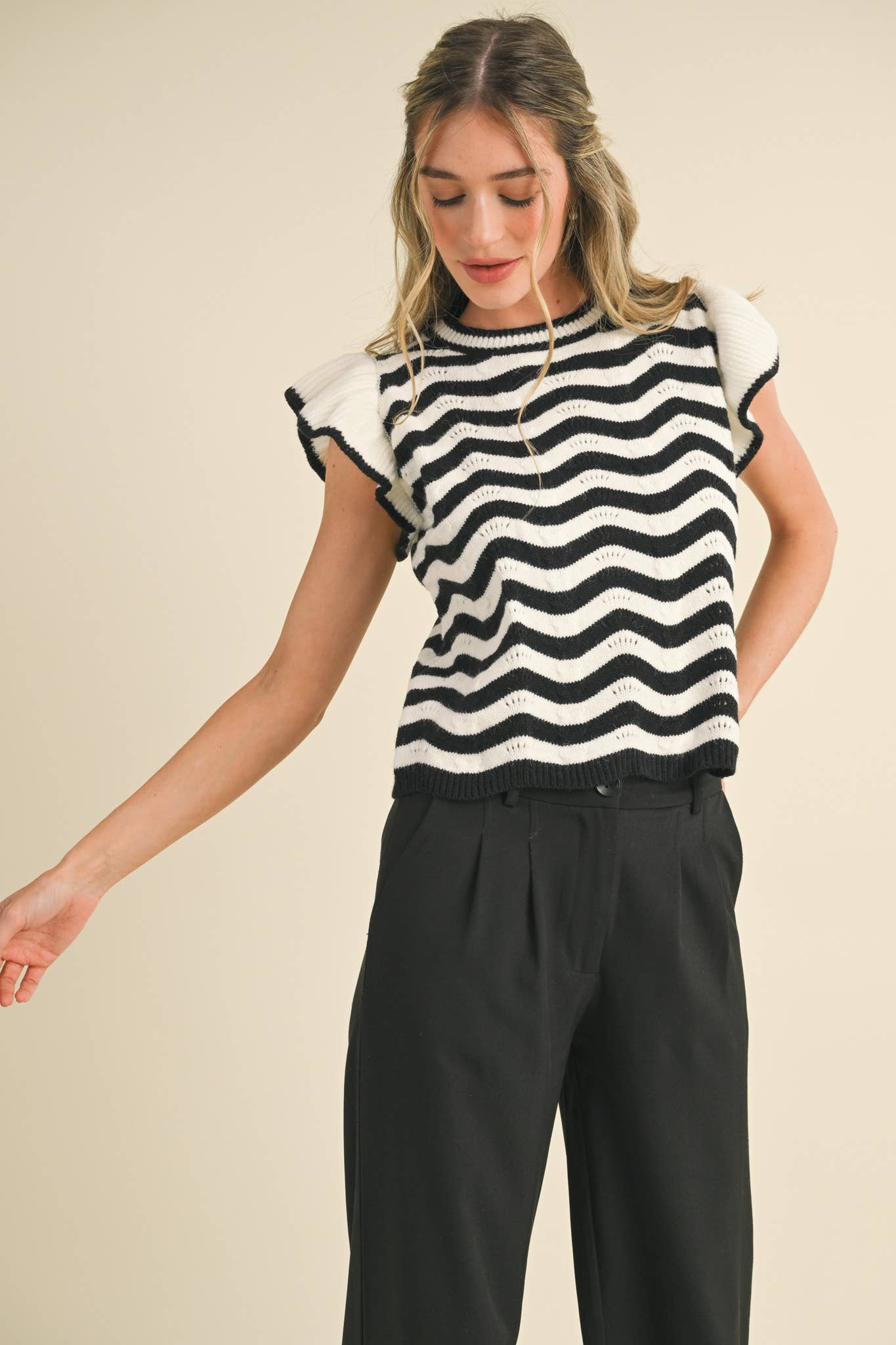 &MERCI - Wholesale Knit Sweater - Women's - WAVY STRIPES FLUTTER SLEEVE SWEATER TOP MSW105093