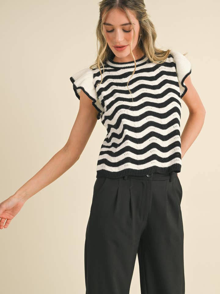 &MERCI - Wholesale Knit Sweater - Women's - WAVY STRIPES FLUTTER SLEEVE SWEATER TOP MSW105093