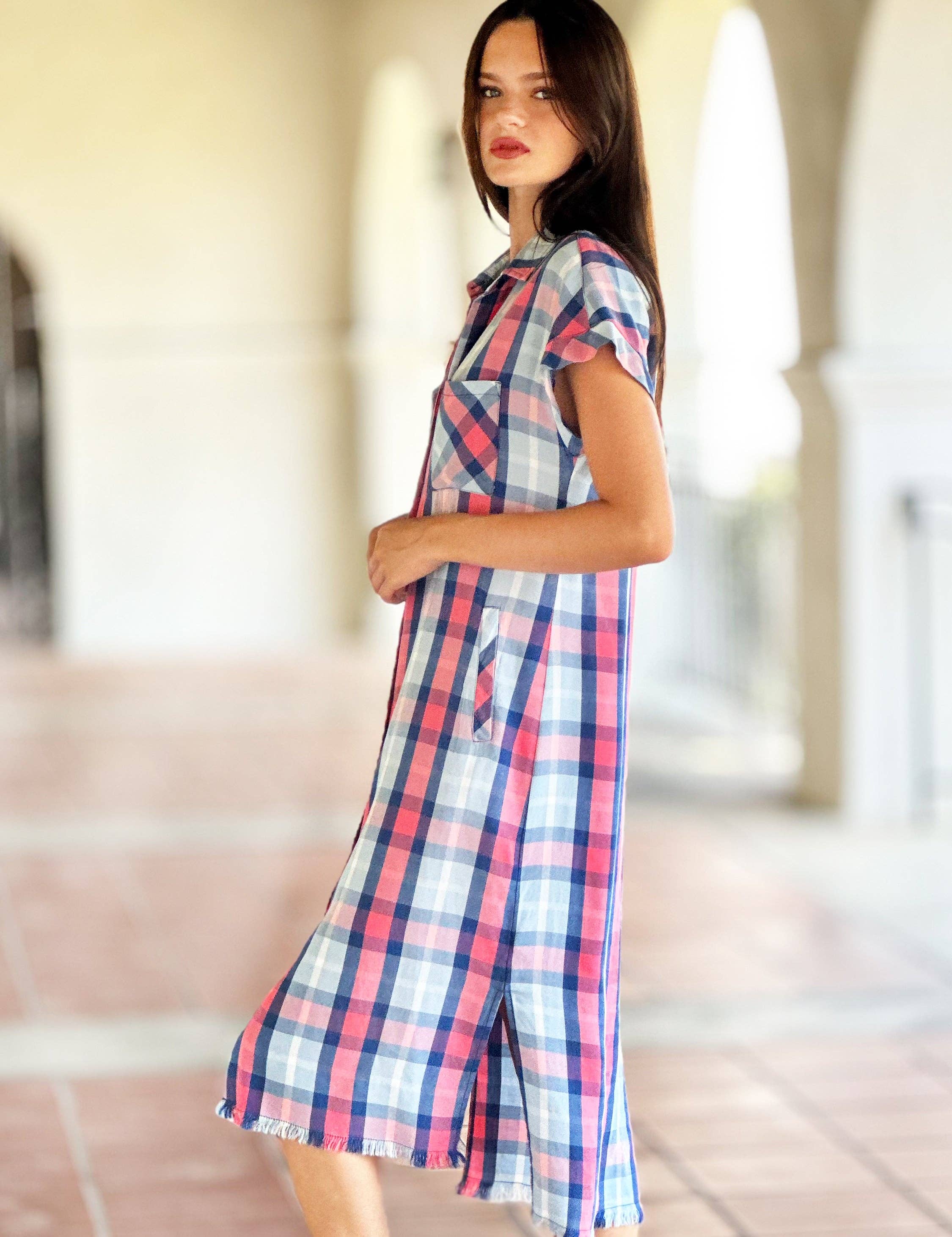 Denim Strawberry Pld Prairie Shirtdress for wholesale on Faire1