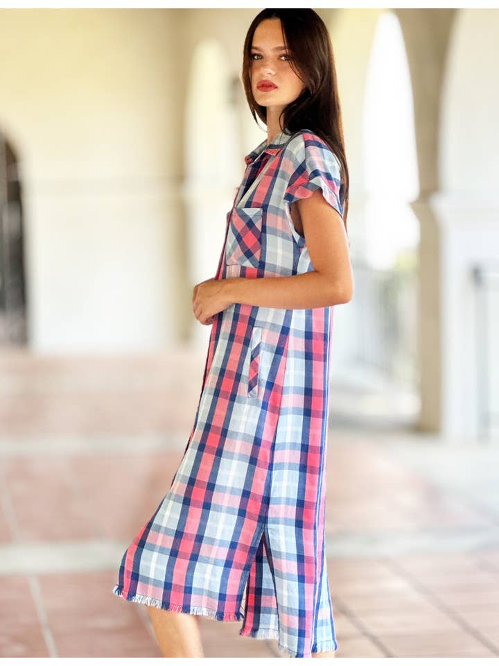 Denim Strawberry Pld Prairie Shirtdress for wholesale on Faire1