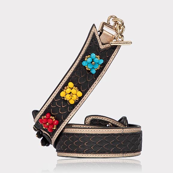 Sangle de sac en cuir de vachette à coupe irrégulière avec perles – Noir/Or pour la vente par WANACCESSORY