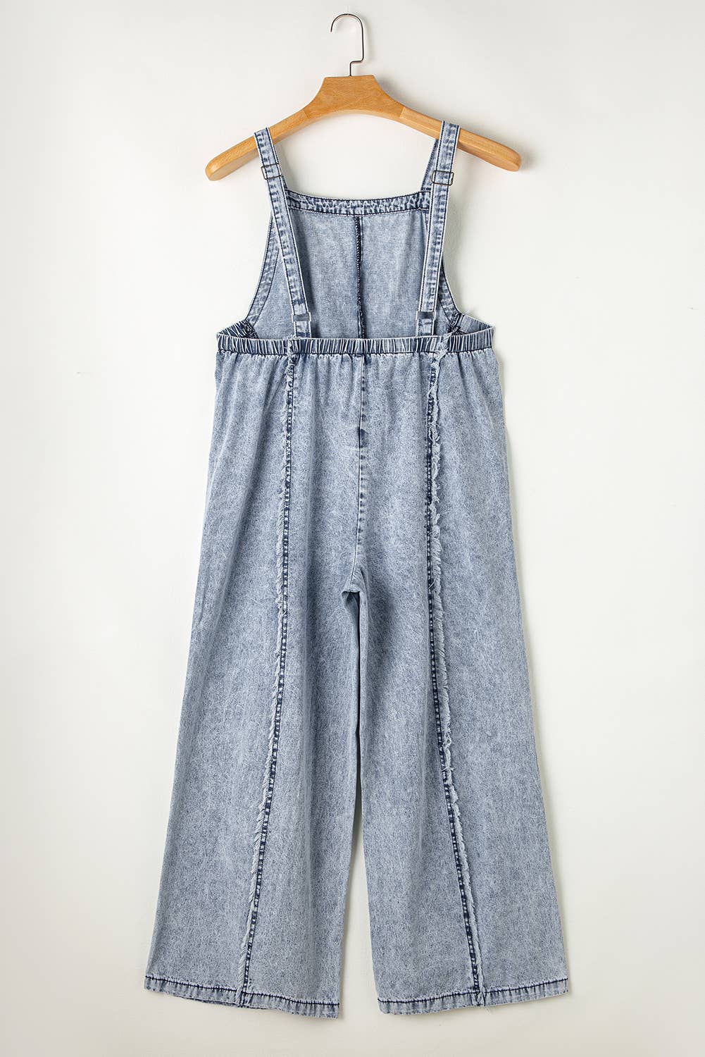 1 the Woman - Wholesale Overalls - Women's - Light Wash Frayed Exposed Seam Wide Leg Denim Overall6