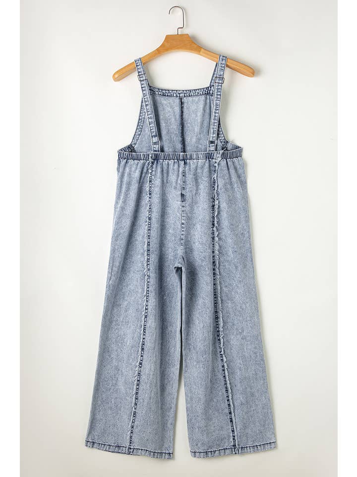 1 the Woman - Wholesale Overalls - Women's - Light Wash Frayed Exposed Seam Wide Leg Denim Overall6