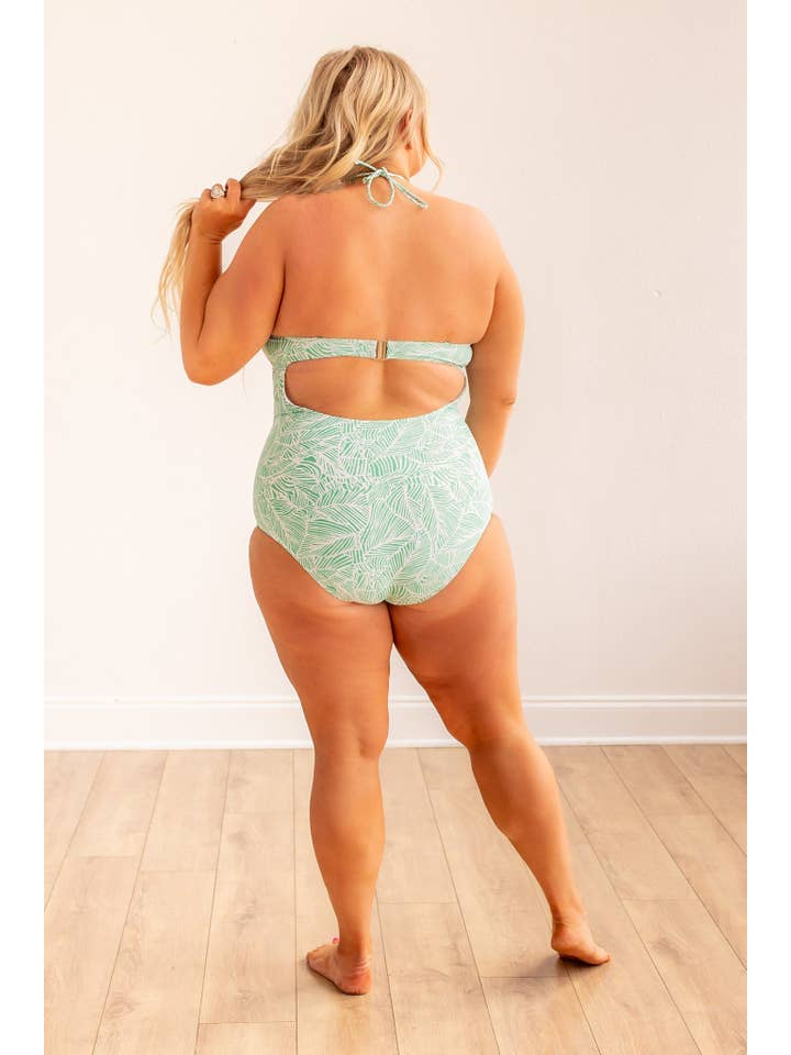 Green Jungle Oasis One Piece Swimsuit with Handcrafted Beaded Necktie for wholesale on Faire8