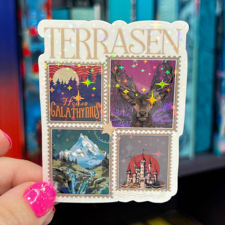 Terrasan Stamps Throne of Glass Holographic Sticker for wholesale by FatedFiction