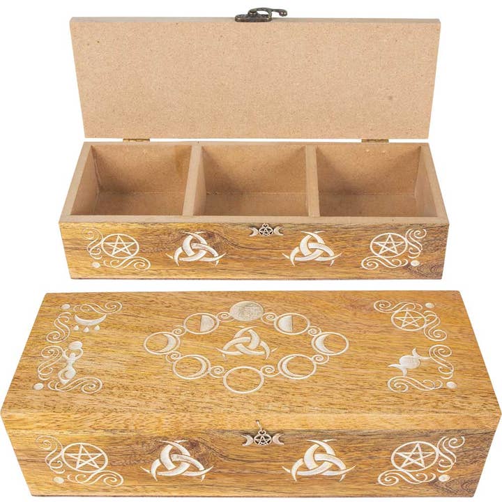 Aufbewahrungsbox aus Holz mit Lasergravur — Pagan Moon Phases für den Großhandel von Kheops International