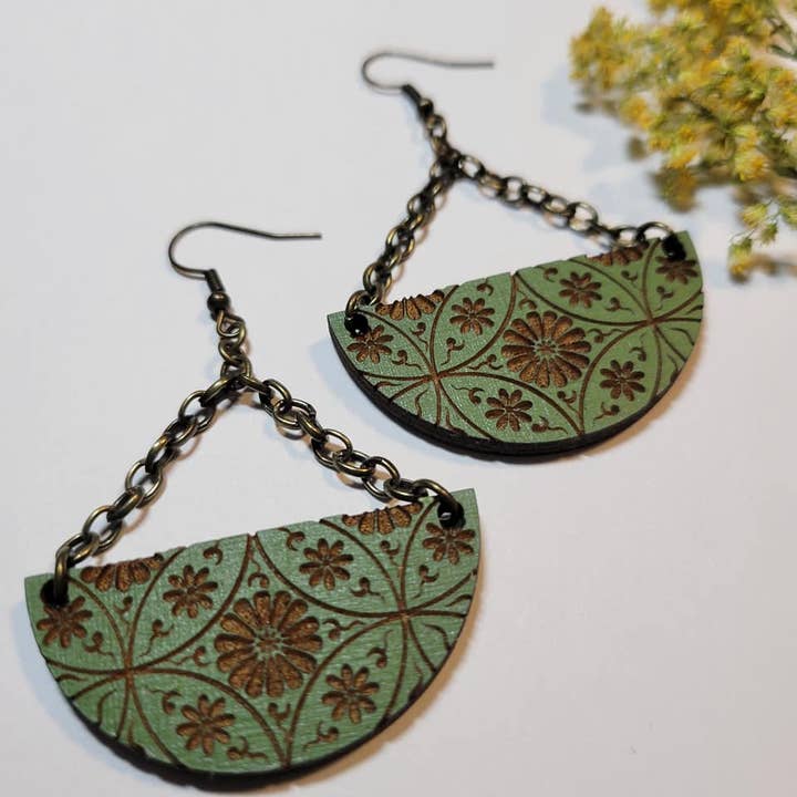 Half Circle Geometric Flower Wood Earrings for wholesale by Elskas Designs