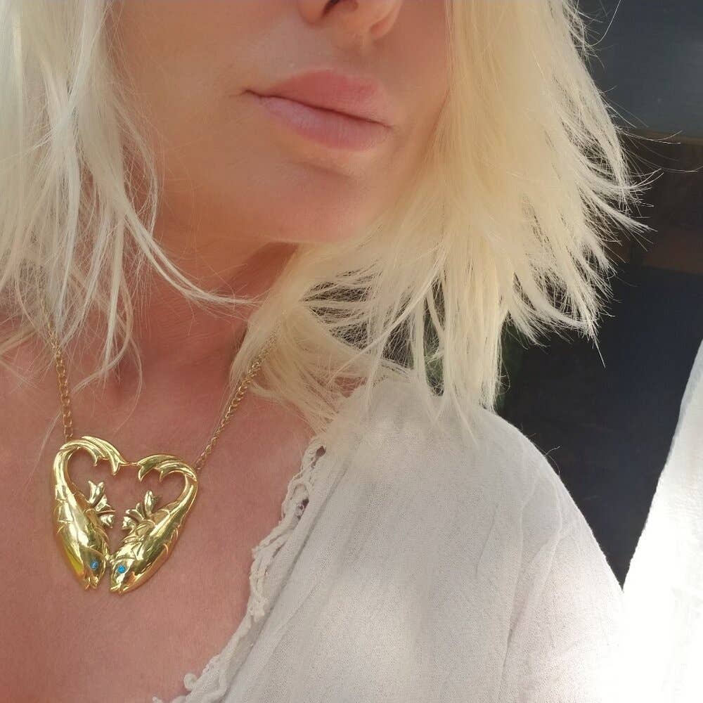 Bisjoux - Wholesale Pendant/Charm Necklace - Brass double fish  heart aquamarine pendant Necklace1