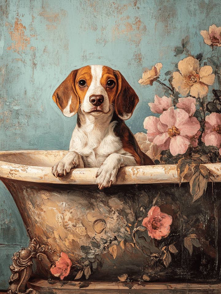 Beagle i badekar - Kæledyrshund stilleben vægkunsttryk – 8″x10″ kunstværk til 11″x14″ ramme for engroshandel hos Mowbi
