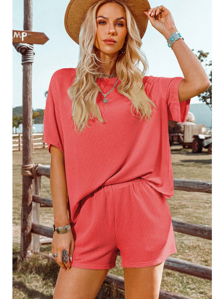fashionworks - Wholesale Lounge Set - Women's - Fashion-W Ribbed Textured Knit Loose Fit Tee and Shorts Set