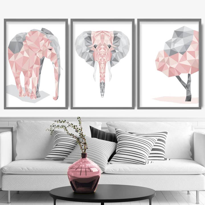 GEOMETRISK uppsättning med 3 Blush PINK Elephant Konsttryck för wholesale av Artze Wall Art